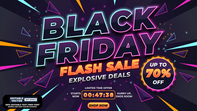Flash sale black friday marketing graphic. explosive discount offer promotional banner. editable vector text effect template. dynamic countdown timer advertising concept with discount, promotion