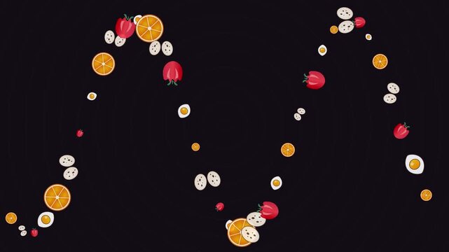 Animated Food Ingredients Floating in Spiral Pattern on Dark Background