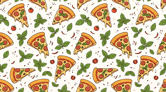 Seamless pattern with tasty pizza slices and fresh green basil leaves in a cool pixel art style for digital design and food decoration