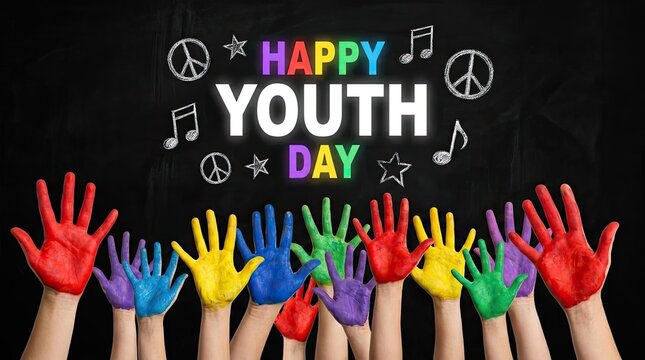 Colorful painted hands with Happy Youth Day text.