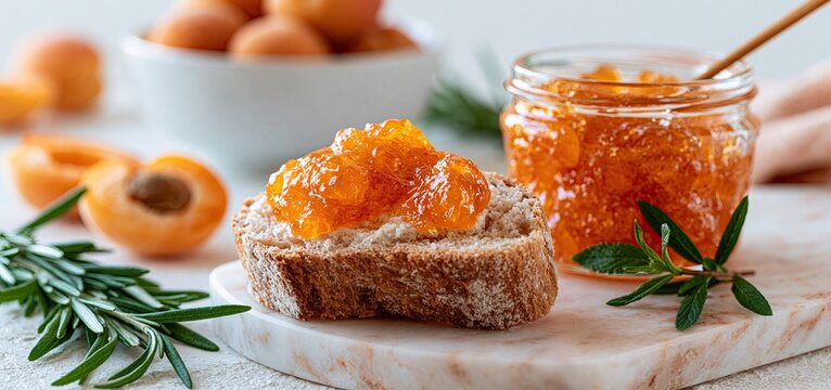 Gourmet sandwich featuring tangy apricot jam on rustic bread with fresh ingredients in a bright setting.