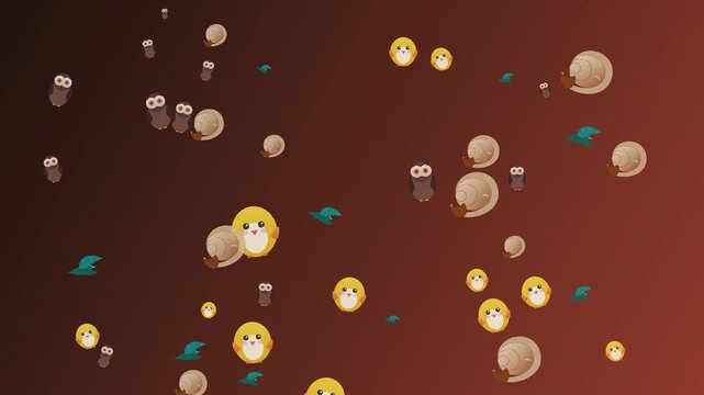 Animated pattern of cute yellow chicks and brown owls on dark background