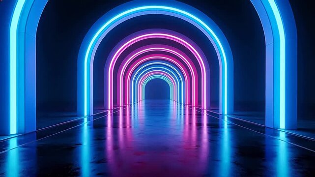 Neon arch tunnel with blue and pink lights