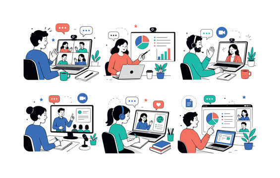 Video Conference Scenarios ? Clean editorial illustration set, not icons, with exactly 6 separate communication mini scenes arranged in a 3x2 grid: team video meeting, remote presentation, individual