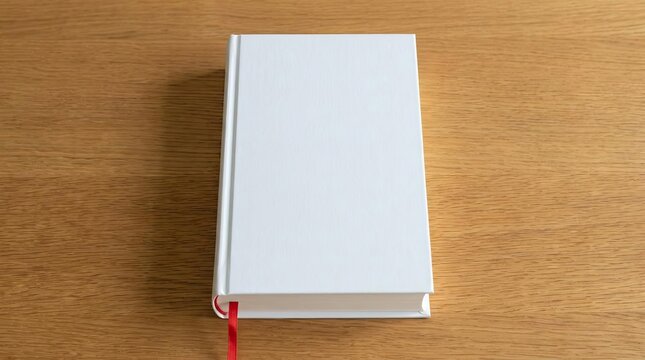 Blank white hardcover book on light wood surface.