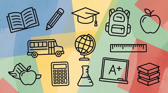 Back to school doodles on colorful geometric background.