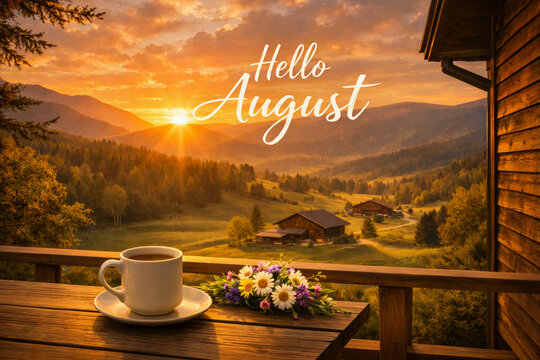 Hello August &mdash; sunrise over mountain valley viewed from a wooden balcony with a cup of coffee and a bouquet of daisies. Seasonal greetings, postcards, calendars.