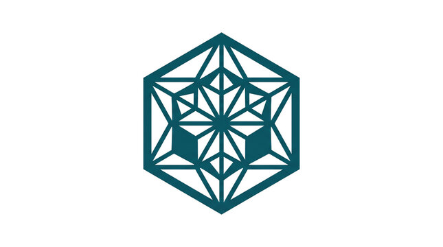 Geometric hexagon logo with intricate line art, teal blue symmetrical sacred geometry symbol, modern minimalist abstract icon for branding isolated PNG with Transparent Background