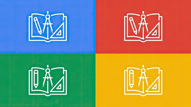 Educational icons on four colorful background quadrants.
