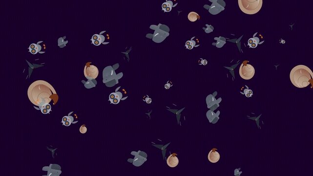 Animated Pattern of Owls and Elephants Floating on Dark Purple Background