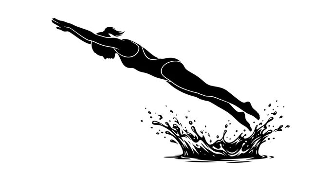 Minimalist swimmer silhouette diving into water, professional female athlete jumping with splash, black and white swimming sports graphic isolated PNG with Transparent Background