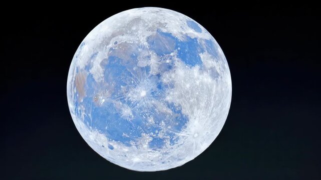 Slow zoom tracking shot of full moon rotating and glowing against dark night sky with detailed lunar surface and visible craters