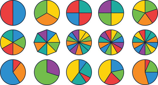 Colorful geometric circles split into fractional pie charts, mathematical diagrams, fractions and division concept.