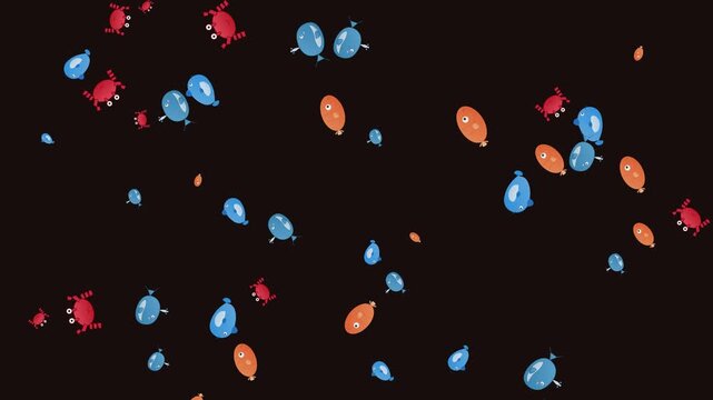 Animated sea creatures swimming on black background for kids pattern