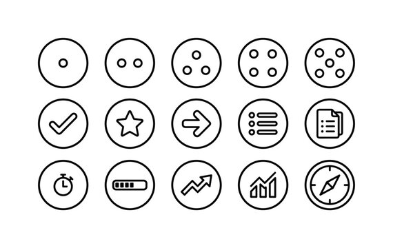 Round Number Markers, line icon set featuring numbered circles, step markers, bullet points, option badges, list tokens, infographic dots and interface counters without readable numerals, covering UI
