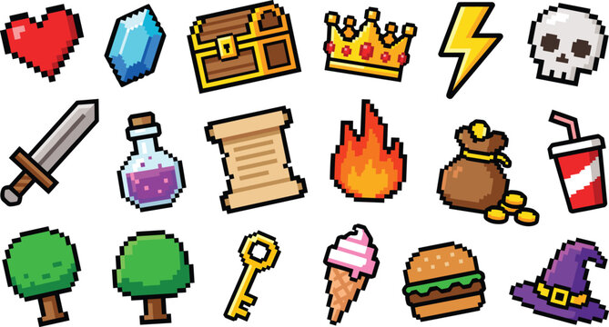 Retro pixel art video game items set with heart, chest, crown, sword, potion, and coins.