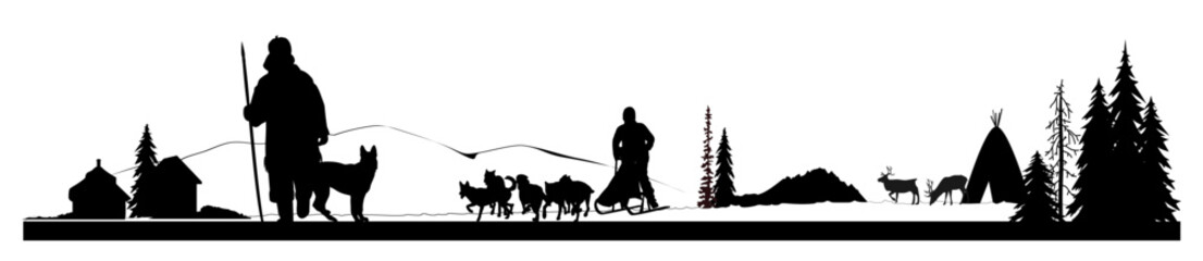 Northern panorama landscape with local people and animals. Vector illustration.   © Евгений Горячев