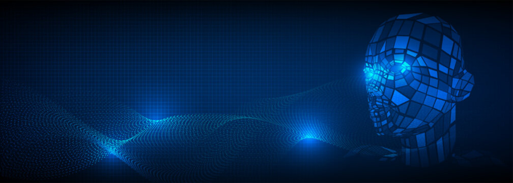 Vector illustrations of abstract technology wide background with vitual AI assistance face on dynamic mesh.