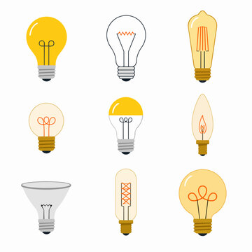 Set of decorative incandescent and Edison light bulbs in flat filled and line styles
