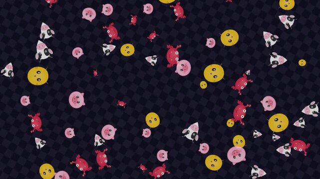 Cute Cartoon Farm Animal Icons Floating on Dark Checkered Background