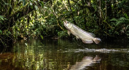Fototapeta premium Arowana fish leaping from jungle river - underwater marine wildlife photography