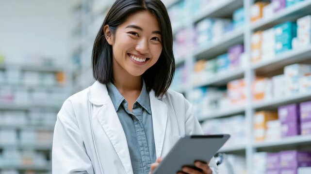 Pharmacist using digital tablet in medicine aisle for pharmacy inventory management and patient care background banner