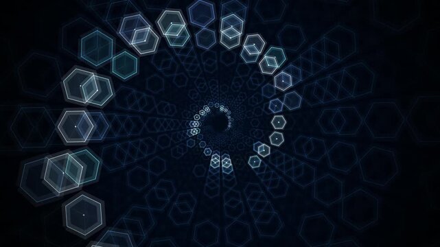 Futuristic Hexagon Spiral Tunnel Loop. Abstract Cyberpunk Hex Grid Helix Loop
