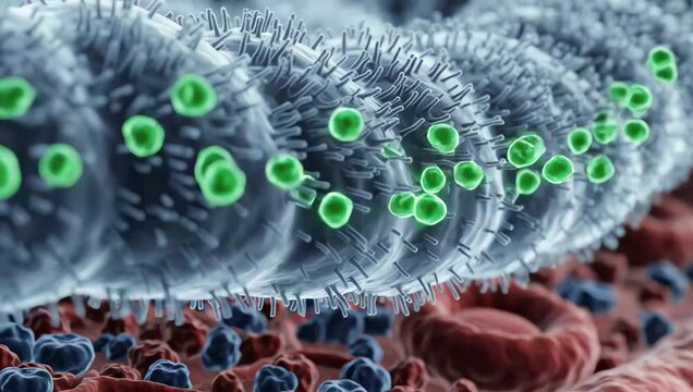 Dissolved drug molecules slowly approaching the intestinal membrane and selectively passing through epithelial cells toward tiny underlying capillaries