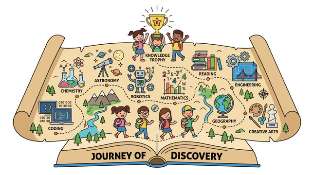 Children's Journey of Discovery on an Open Book Scroll