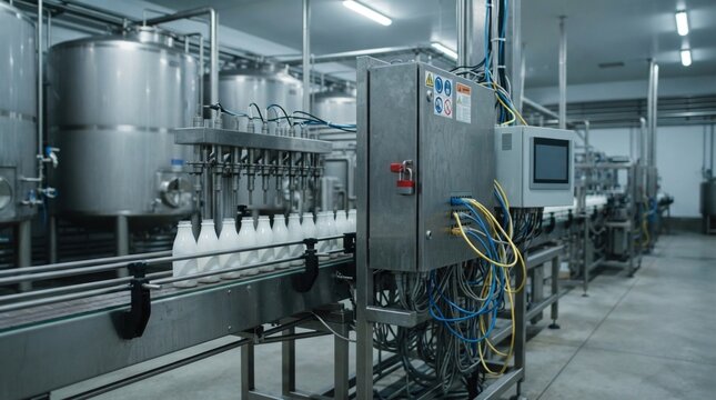 Dairy plant cyber disruption with locked control cabinets, plc housings, milk tanks, and stopped filling nozzles on a stainless production line.