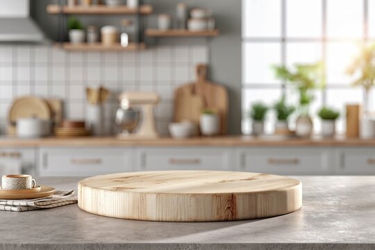 Round wooden cutting board on a countertop in a modern bright kitchen interior with empty space for product placement