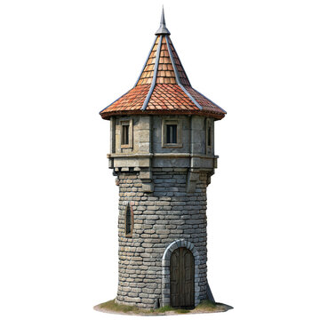 Stone clock tower with steep red roof and arched window isolated on white background p n g a i generated