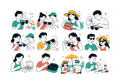 Broken Sunglasses Beach Repair. Summer travel problems, accessory care, quick repairs and beach vacation essentials. 12 minimalist editorial vector scenes: a traveler notices a loose hinge, two