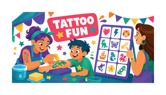 Temporary Tattoo Festival Banner illustration showing a booth artist applying a large temporary tattoo to a child?s arm while a parent chooses designs from an oversized display board, with sponge,