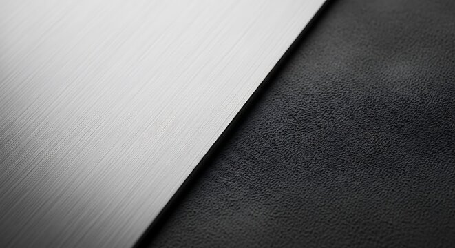 Brushed silver metal texture background, sleek matte black surface contrast, industrial steel and dark leather aesthetic for luxury product design