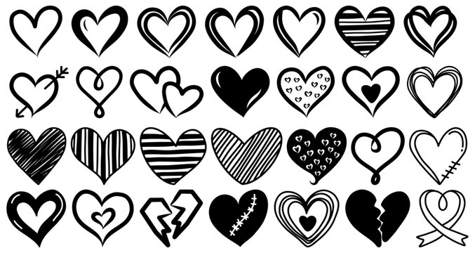 Hand Drawn Heart Doodles Vector Collection - Cute Love Symbols, Line Art Icons and Decorative Elements