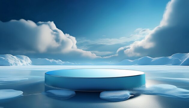 Empty Podium On Frozen Lake With Clouds And Ice