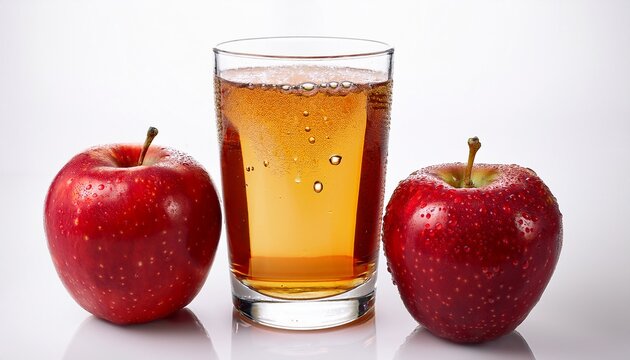 Apple Juice Red Apple With Drops Of Water And A Glass Of Naturally Cloudy Apple Juice In Front Of White Background
