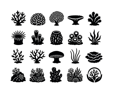 Marine Coral Organisms, solid glyph icon set, create exactly 20 fully filled black marine organism icons arranged in a 5x4 grid: branching coral, brain coral, fan coral, table coral, soft coral, sea