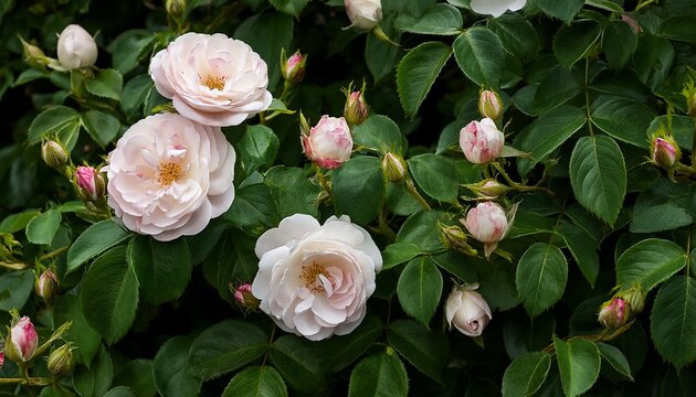 Blooming Shrub Roses Surrounded By Green Foliage