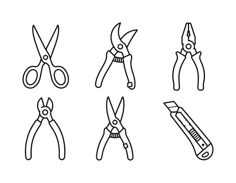Classic Cutting Hand Tools, line icon set, 6 clean outline icons featuring utility scissors, pruning shears, pliers, wire cutter, garden snips and handheld cutter, arranged in a balanced 3x2 grid for