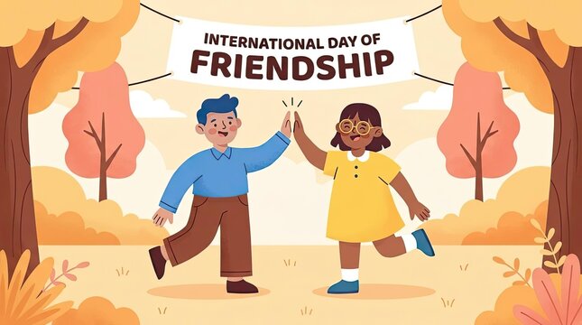 Children high-fiving for International Day of Friendship celebration.