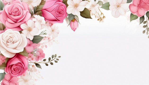Pink Roses And White Flowers Corner Border Isolated On White Background