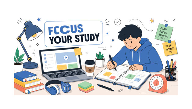 Study Desk Productivity Setup. Clean editorial banner showing one student preparing a focused workspace beside one oversized laptop and one large planner, with a desk lamp, headphones, sticky notes,