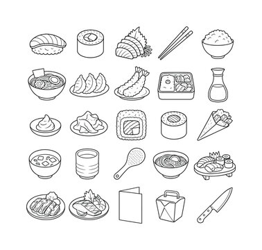 Japanese Sushi Selection ? line icon set with exactly 25 editable vector icons arranged in a 5x5 grid: nigiri sushi, maki roll, sashimi, chopsticks, rice bowl, ramen bowl, dumplings, shrimp tempura,