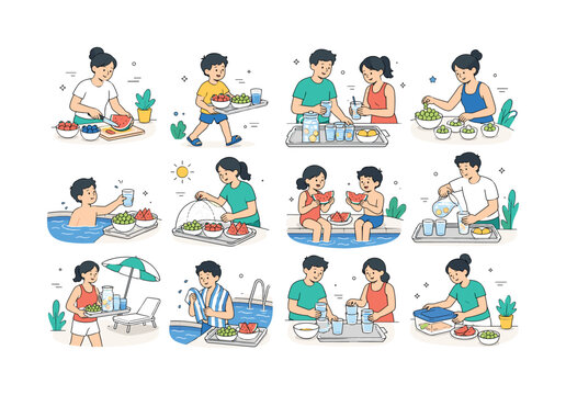 Poolside Snack Tray. Backyard swimming refreshments, healthy fruit snacks, cold drinks and family summer leisure. 12 minimalist editorial vector scenes: a parent slices fruit for swimmers, a child