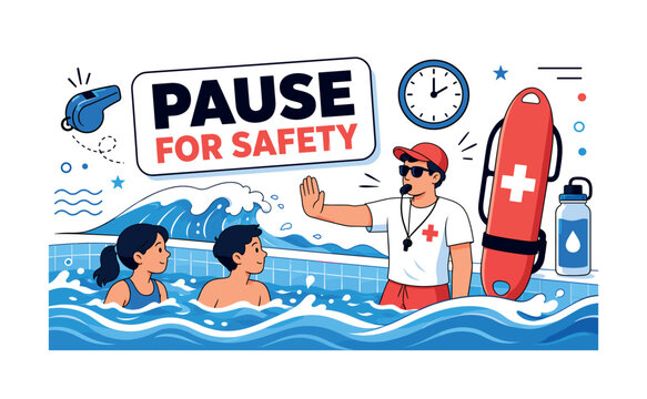 Wave Pool Safety Break. Clean editorial banner showing a lifeguard guiding two swimmers during a safety pause beside one oversized rescue float and one large wave-pool shape, with a whistle, clock,