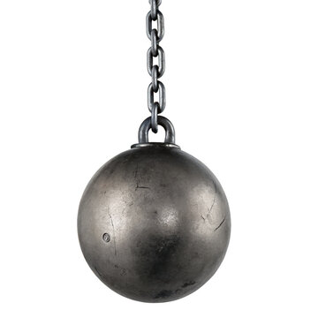 Wrecking ball hanging from chain isolated on white background p n g a i generated demolition ball metal hook