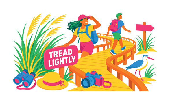 Dune Boardwalk Journey banner showing two expressive travelers exploring a protected coastal boardwalk, with an oversized wooden boardwalk and oversized dune grass cluster, plus binoculars, trail