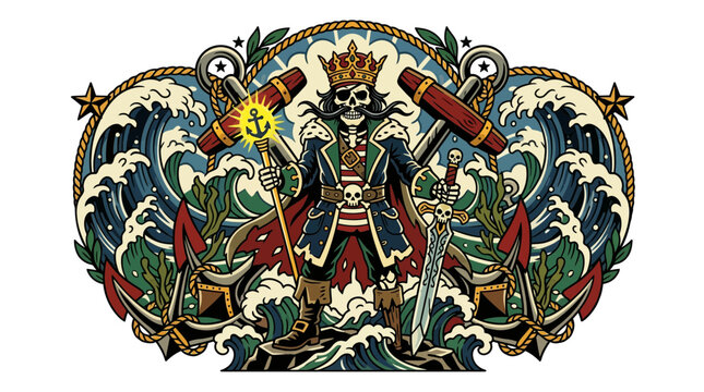 Skeleton King Pirate Nautical Emblem with Anchors and Waves